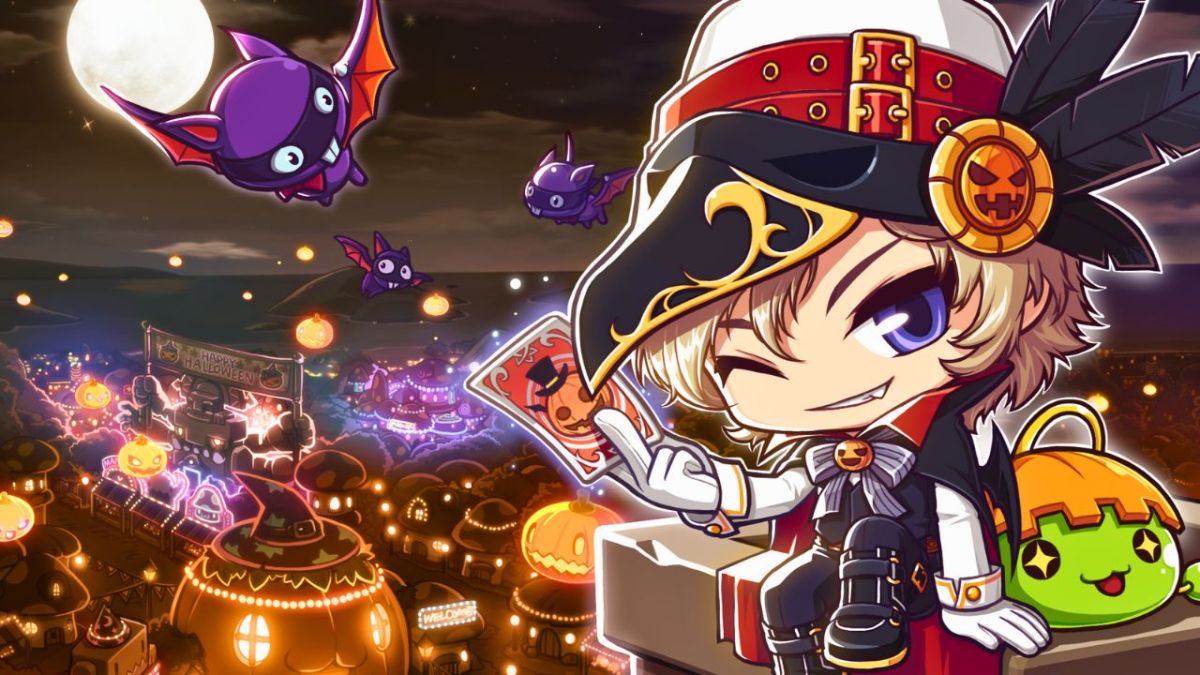 A pirate in MapleStory standing above a small city.