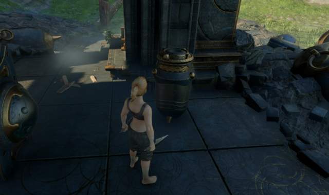 A female character from Enshrouded stands in front of a metal vase with daggers in her hand. This image shows readers what the container that drops Metal Scraps looks like.