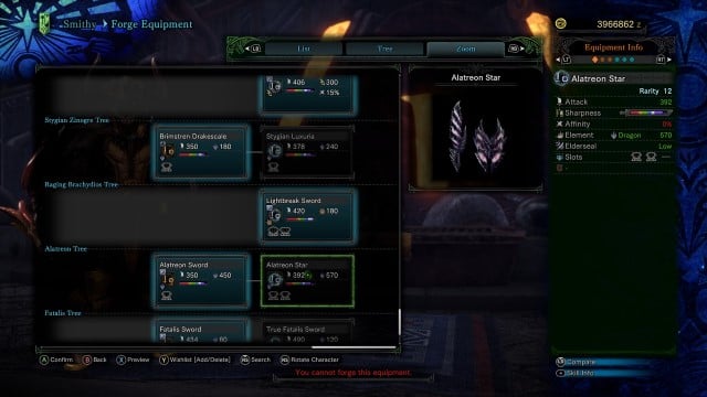 The Alatreon Star Sword and Shield is shown in the crafting menu of Monster Hunter World.