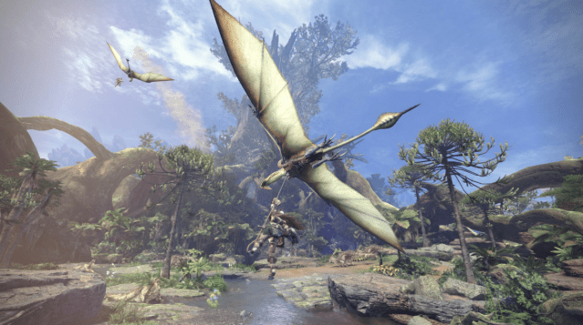 Image of a hunter in Monster Hunter World flying off the back of a monster.