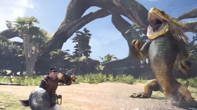 A hunter drinks from a small cup while a large lizard prepares to bite them in Monster Hunter World.
