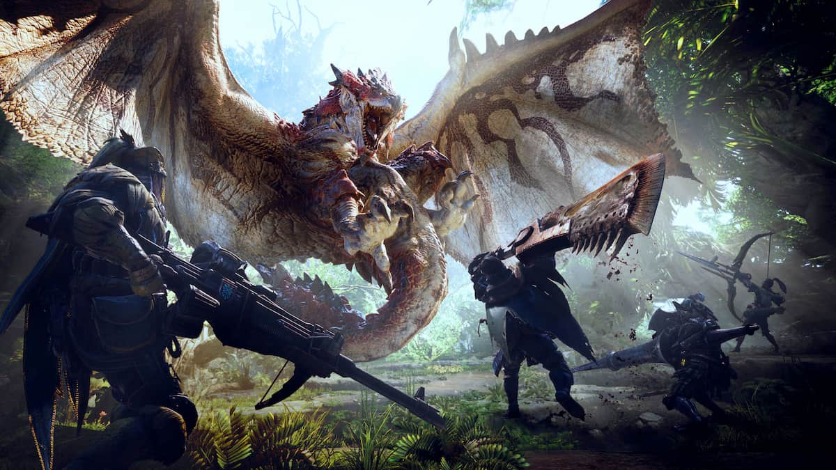 Hunters fighting a monster in Monster Hunter: World