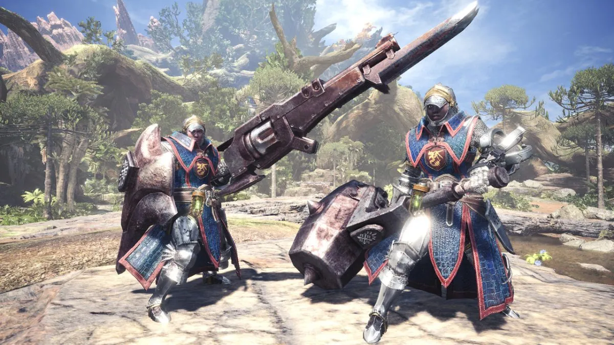 Two monster hunters posing with weapons in Monster Hunter World.