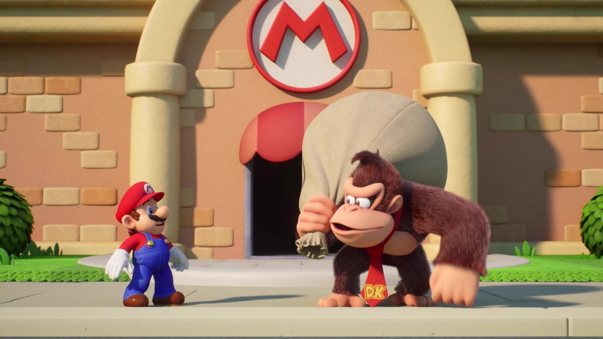 Mario and Donkey Kong look toward each other in a promo for Mario vs Donkey Kong.