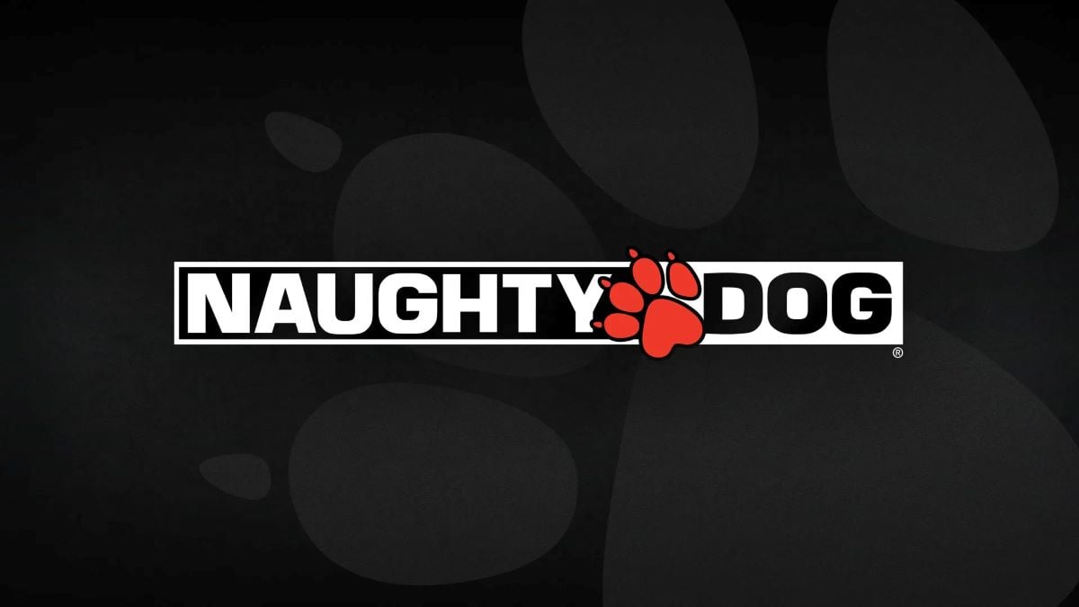 Naughty Dog's official logo with white writing and a red paw print.