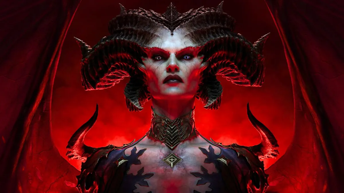 Lilith with spread wings, surrounded by red in diablo 4
