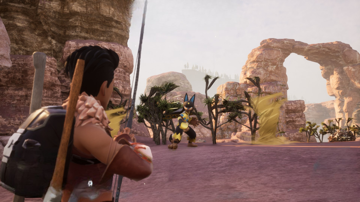 A player in Palworld drawing a bow against Anubis.