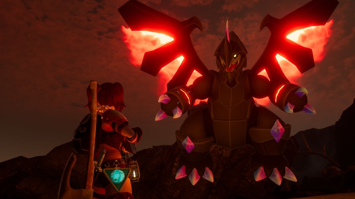 A player facing an Astegon on a volcano at night in Palworld.