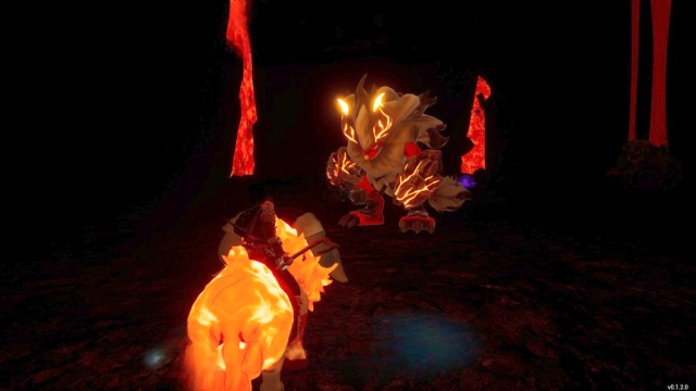 A player riding an Arsox facing an Alpha Blazamut.