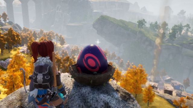 a screenshot of a player standing near a dark egg on a mountaintop in Palworld.