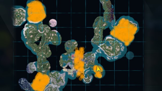Several instances of the Dinossum spawn in Palworld shown on the Paldeck Habitat Map.