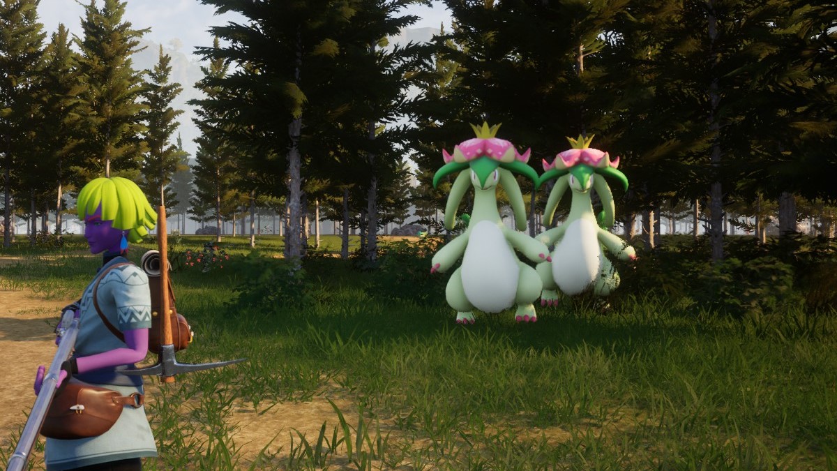 A pair of Dinossum, dinosaurs with flowers on their heads, approach a Pal Trainer in Palworld.