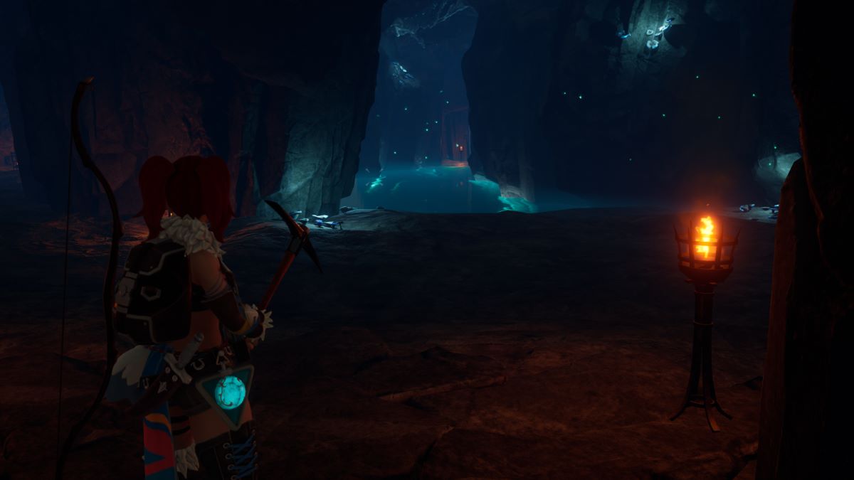 A screenshot of a character exploring a dark and damp dungeon in Palworld.