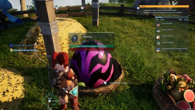 A screenshot of a Huge Dragon Egg in a breeding farm in Palworld.
