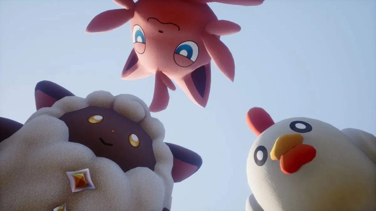 A screenshot from the opening cutscene of Palworld with 3 characters staring at you.