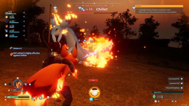 An in game screenshot of a Foxparks flamethrower melting a Chillet in Palworld.