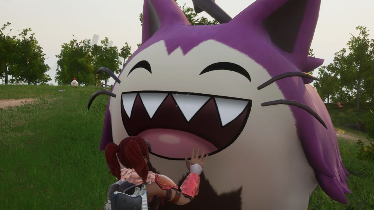 A screenshot of a player petting Grintale in Palworld.