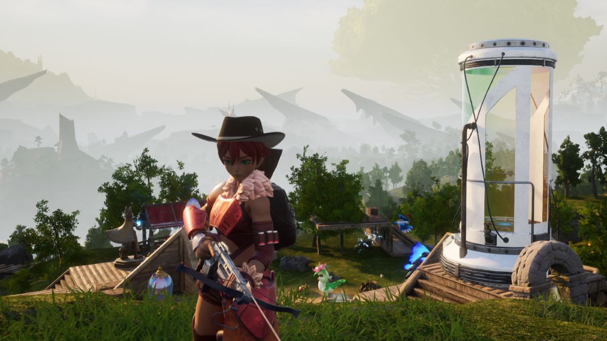 A screenshot of a player wearing a Soft hat outside of a base in Palworld.