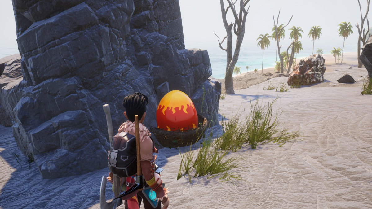 A player in Palworld looking at a Huge Scorching Egg.