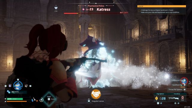 An in game screenshot of a player battling Katress in Palworld.