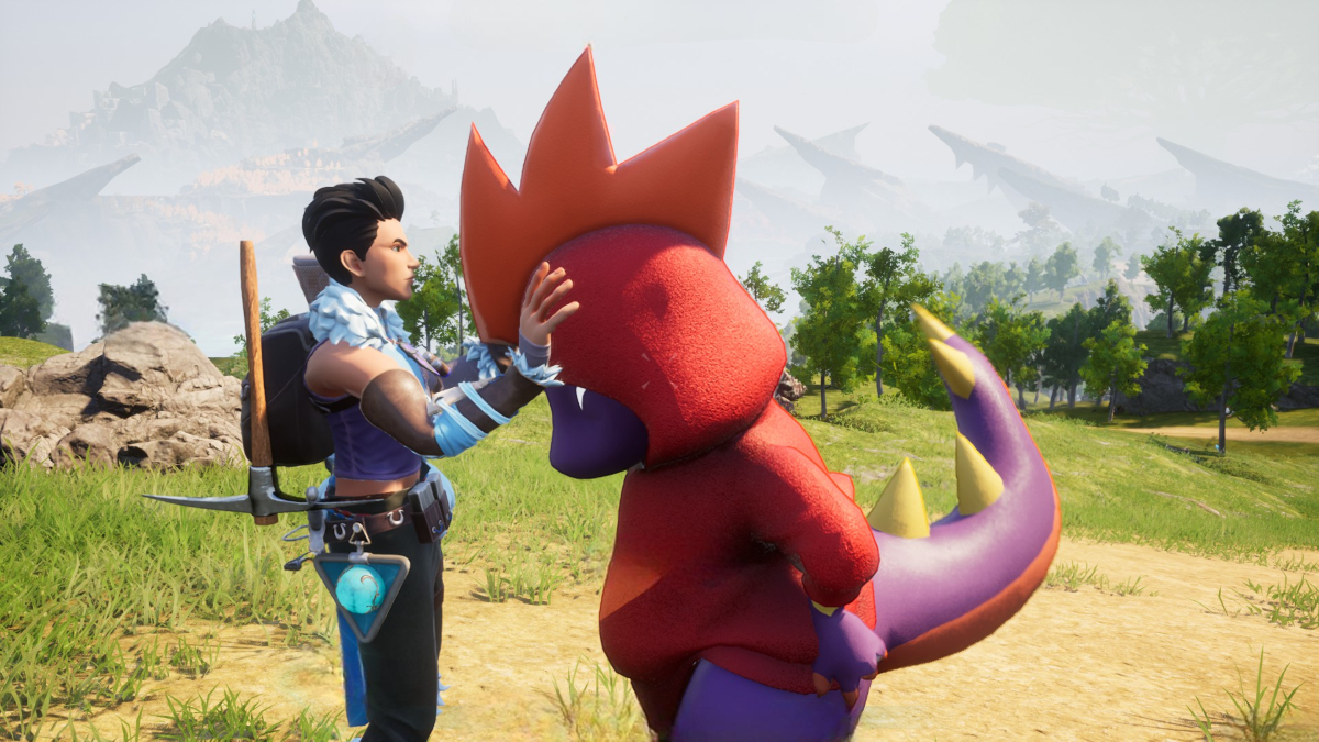 A player in Palworld petting a Leezpunk Ignis.