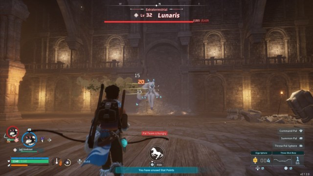A player in Palworld fighting Lunaris.