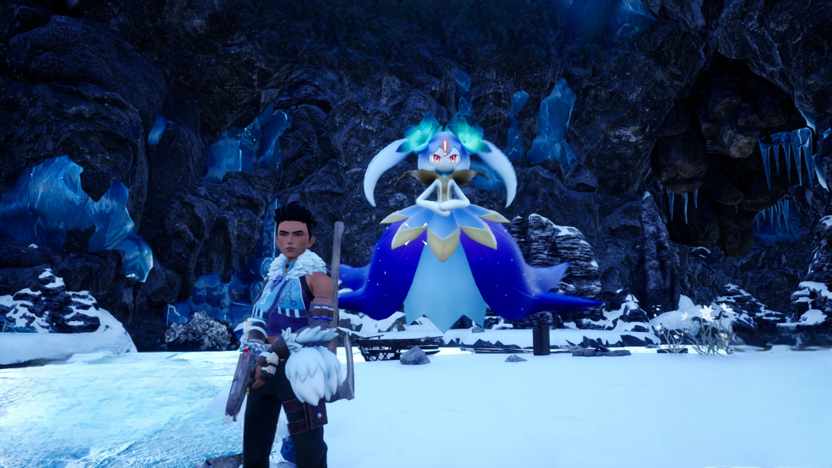 A player stood in front of an Alpha Lyleen Noct in Palworld.