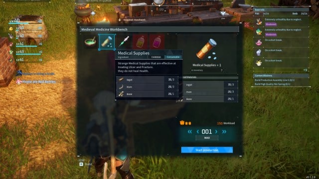 A crafting menu in Palworld with Medical Supplies highlighted.
