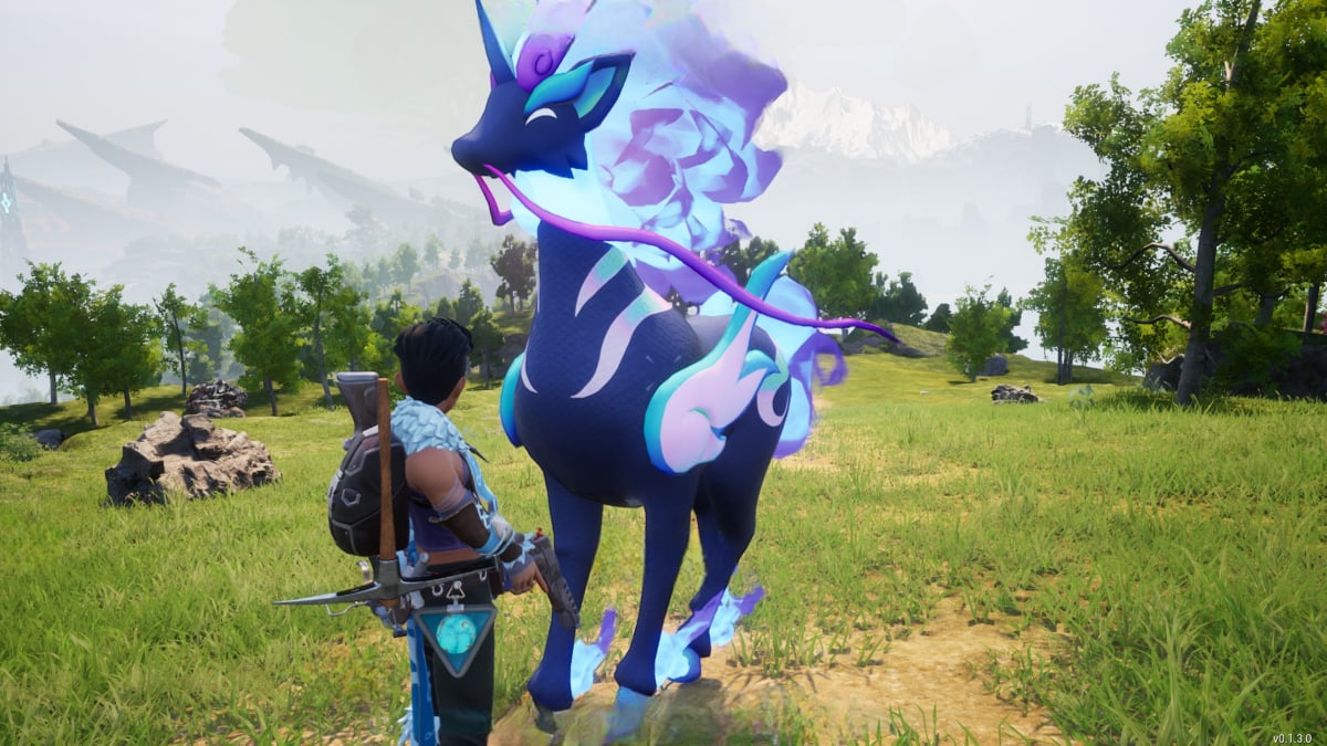 A player stood beneath a Pyrin Noct in Palworld.