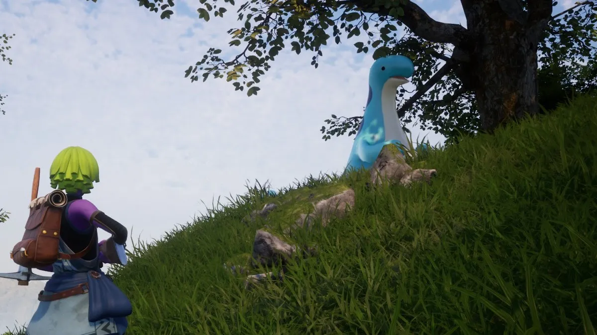 The head of a Relaxasaurus shown beside a tree in Palword.