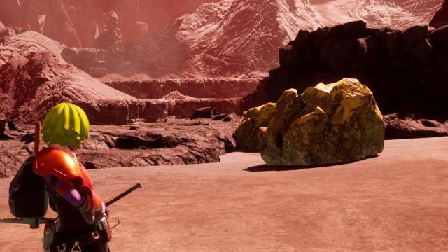 A Pal Trainer looks at two Sulfur Nodes in Palworld in a red-tinted area of the map.