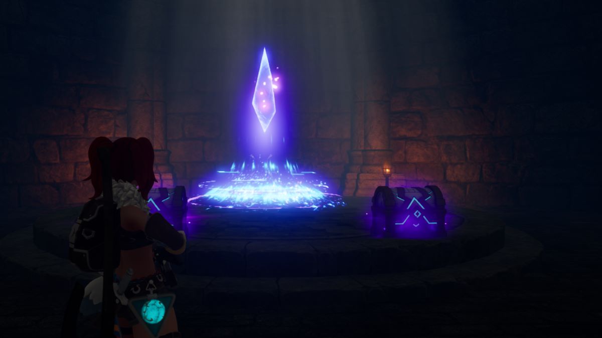 A screenshot of a player standing by a dungeon's exit portal in Palworld.