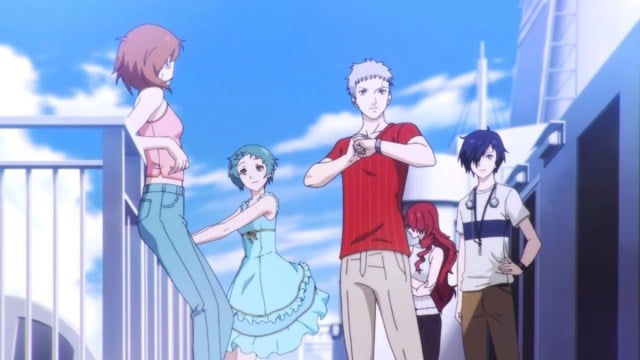 Persona 3 students stand in a group outside.