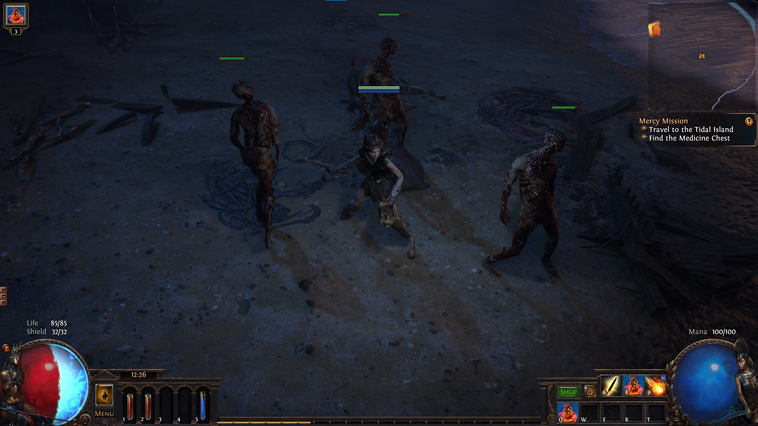 An image of the Witch standing on a beach with three zombie minions in Path of Exile.