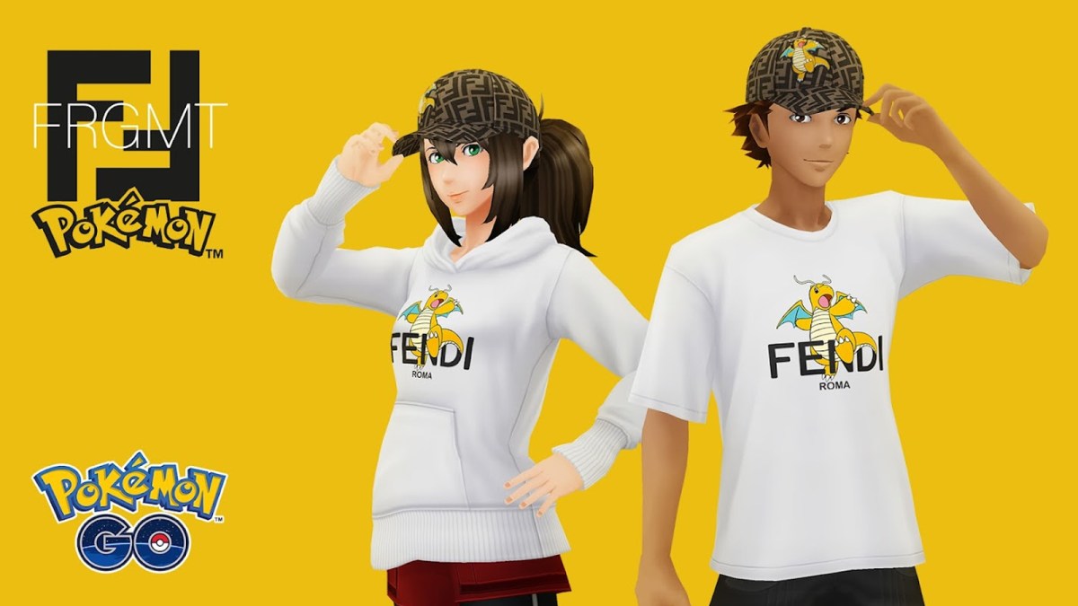 Two Pokemon Go characters stand in digital Fendi merchandise in front of a yellow background.