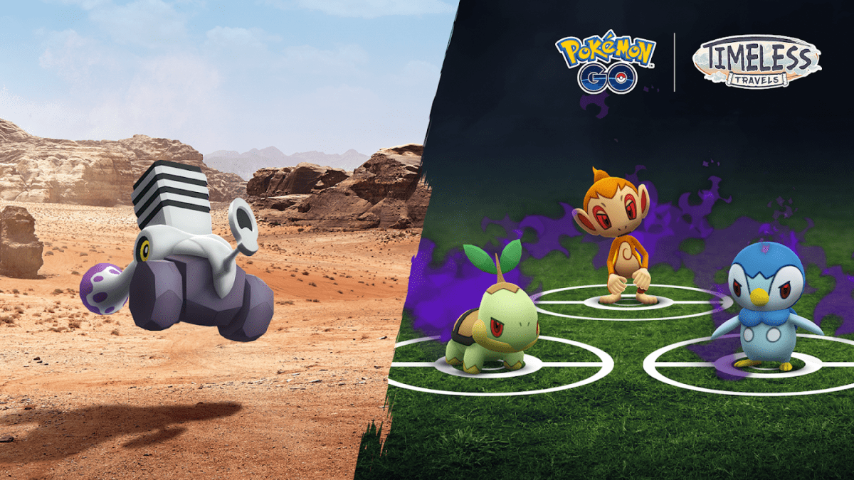 The promotional image for Pokémon Go's Taken Treasures event, featuring Varoom, Shadow Turtwig, Shadow Chimchar, and Shadow Piplup.