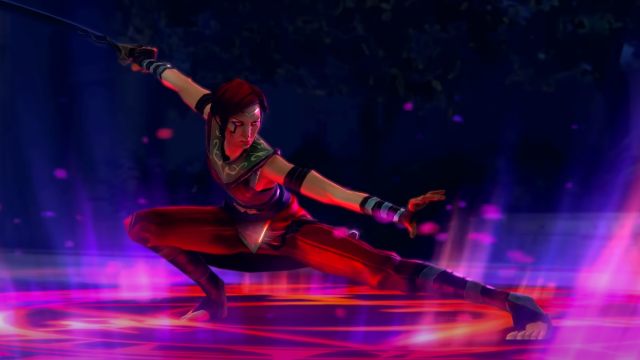 Anahita in a Kung Fu-like pose with a sword in one hand and a red simbol glowing on the ground.