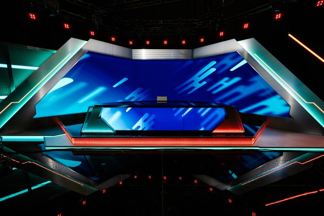 View of the broadcast desk in the new Riot Games Arena in Berlin