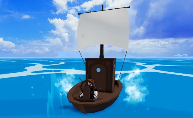 Roblox character sailing on a small boat