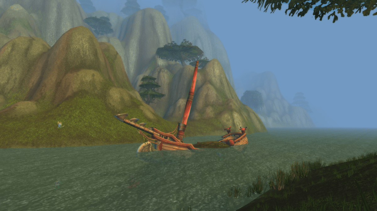 The shipwreck of the Flying Osprey in WoW Classic, with murlocs prowling in the background.