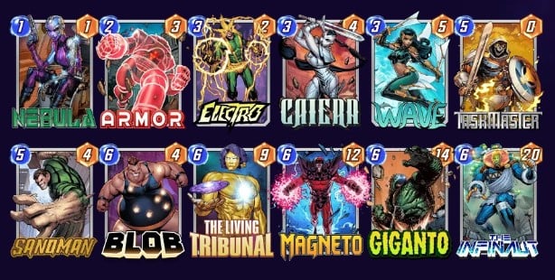 Marvel Snap deck consisting of Nebula, Armor, Electro,