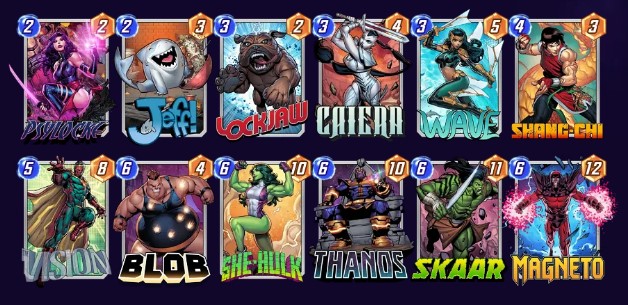 Marvel Snap deck consisting of Psylocke, Jeff the Baby Land Shark, Lockjaw, Caeira, Wave, Shang-Chi, Vision, Blob, She-Hulk, Thanos, Skaar, and Magneto