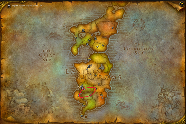 WoW Eastern Kingdoms map with Antonio Perelli's route highlighted in red.