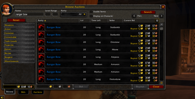 WoW Auction House screenshot showing off data for the Ranger Bow on Living Flame server