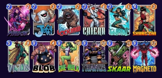 Marvel Snap deck consisting of Psylocke, Jeff the Baby Land Shark, Lockjaw, Caeira, Wave, Shang-Chi, Vision, Blob, She-Hulk, Thanos, Skaar, and Magneto