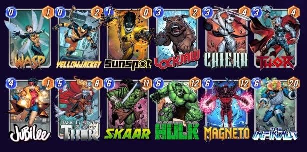 Marvel Snap deck consisting of Wasp, Yellowjacket, Sunspot, Lockjaw, Caiera, Thor, Jubilee, Jane Foster, Skaar, Hulk, Magneto, and The Infinaut.