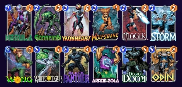 Marvel Snap deck consisting of Nebula, Scorpion, Iron Heart, Wolfsbane, Magik, Storm, Wong, White Tiger, Black Panther, Arnim Zola, Doctor Doom, and Odin.