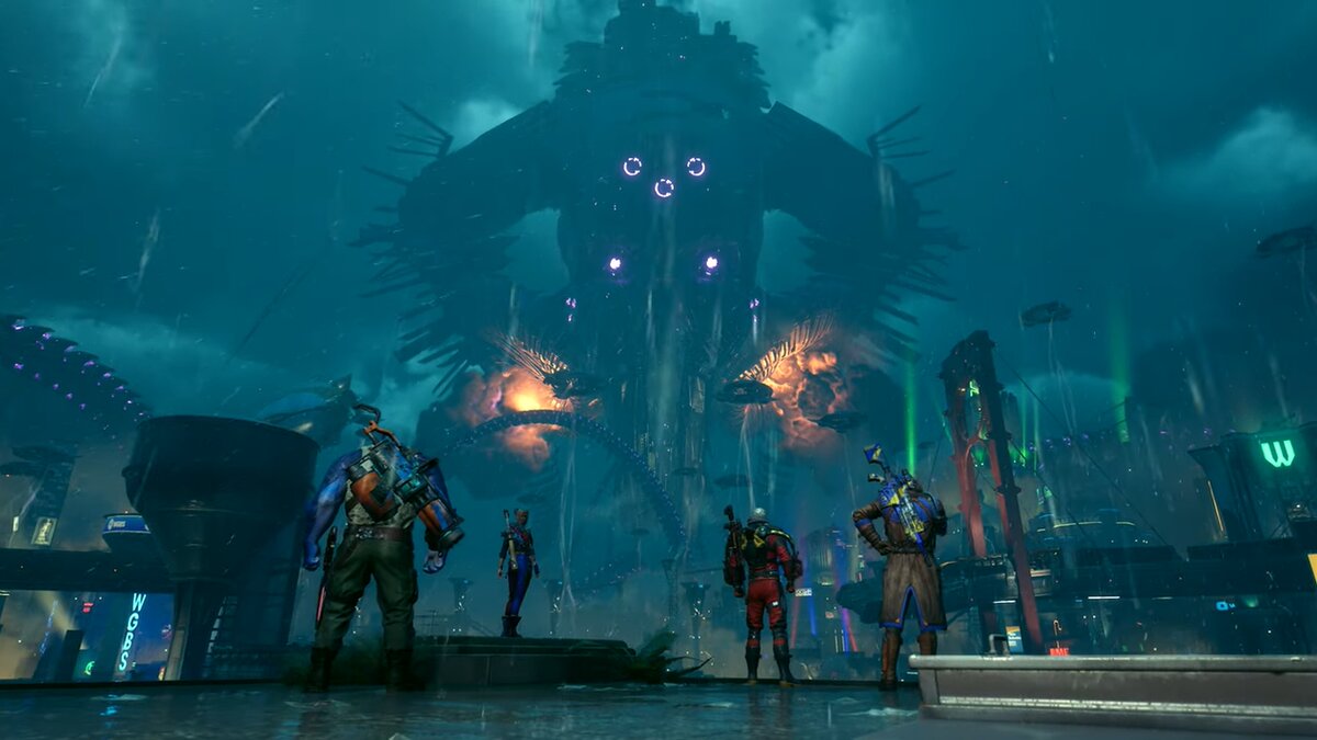 Suicide Squad standing in front of colossal enemy in Kill the Justice League trailer