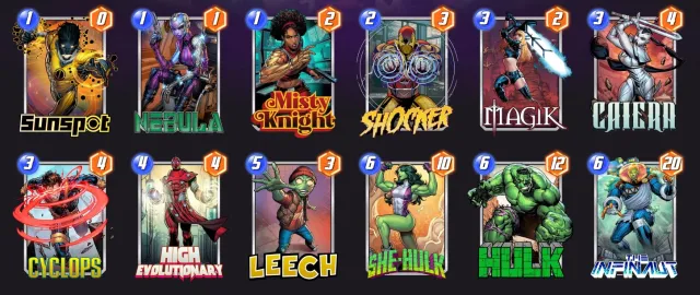 Marvel Snap deck consisting of Sunspot, Nebula, Misty Knight, Shocker, Magik, Caiera, Cyclops, High Evolutionary, Leech, She-Hulk, Hulk, and The Infinaut.