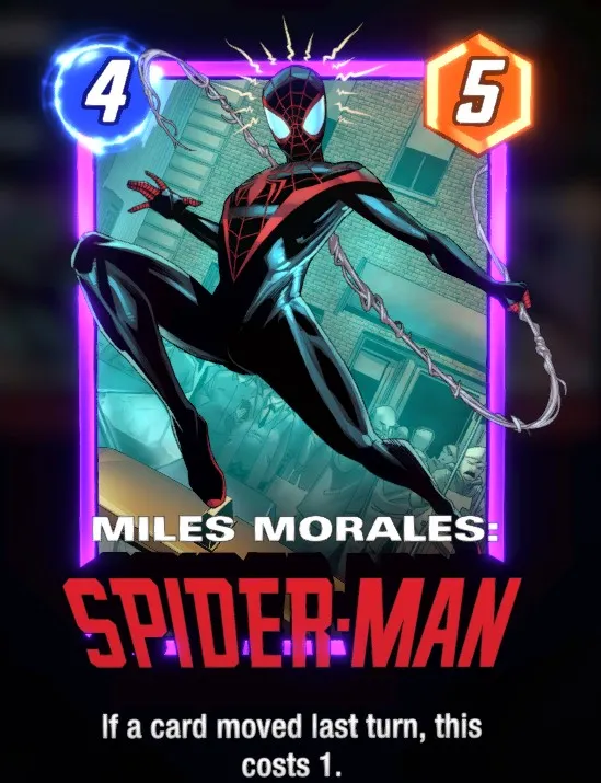 Miles Morales card, wearing his black costume while releasing his web.